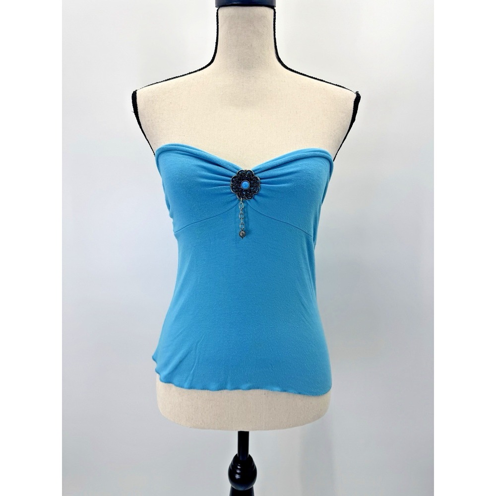 VTG Y2K Medallion Blue Babydoll Tube Top Medium Strapless Empire Bandeau Boho